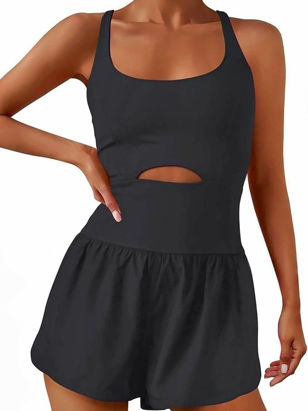 Black Medium Scoop-Neck Cutout Athletic Racerback Workout Tennis Romper Womens